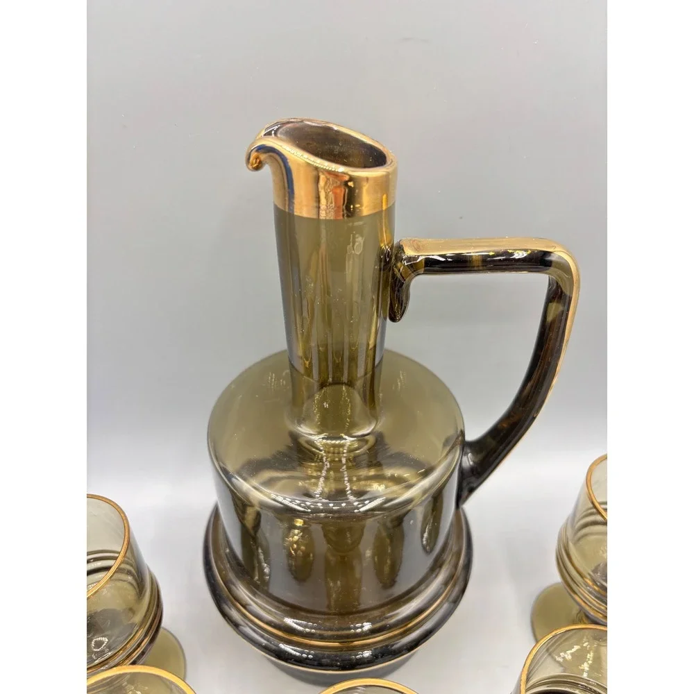 Vintage MCM Smoky Brown Glass Decanter Set Gold Rimmed 6 Cordial Glasses Barware